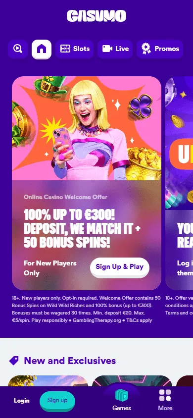 Casumo Casino mobile browser home screen with casino features