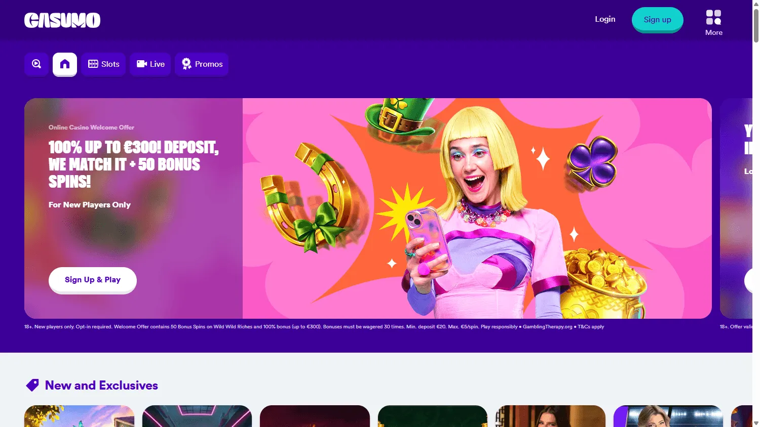 Casumo Casino desktop home screen with the casino offer and account options