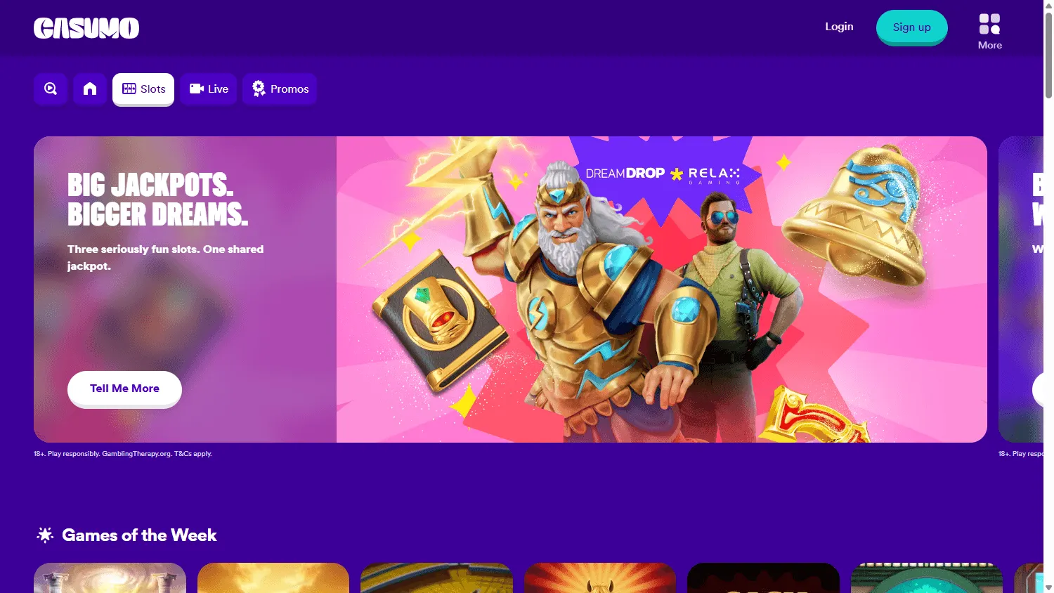 Casumo Casino desktop games lobby with casino categories and game titles