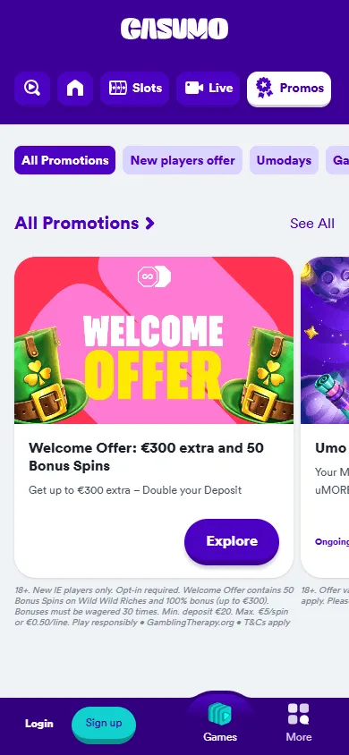 Casumo Casino mobile promotions area with the welcome offer and bonus details