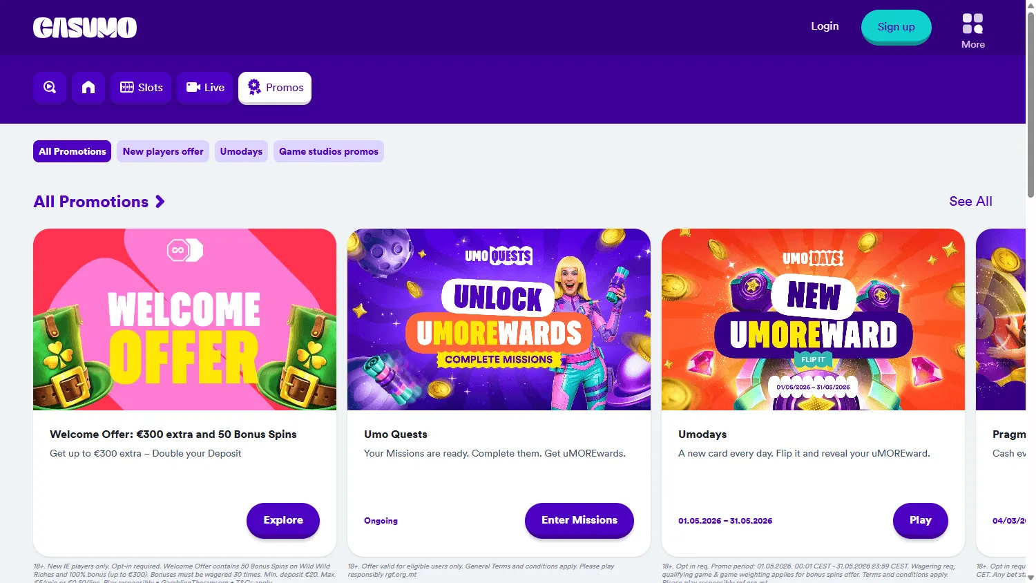 Casumo Casino desktop promotions area showing the Australian welcome offer
