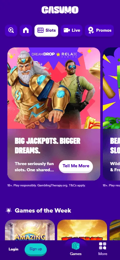 Casumo Casino mobile games lobby with games available in the browser
